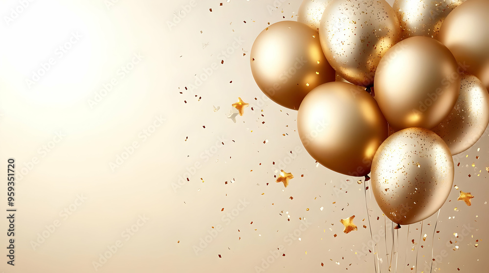 Poster Gold balloons with confetti on beige background.