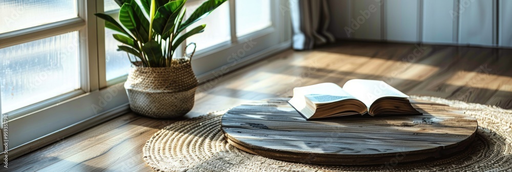 Wall mural Table featuring a plant and a book on a wooden surface with a round rug.