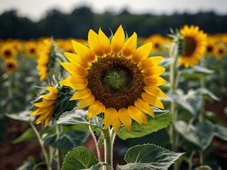 Naklejka premium beautiful sunflowers in close up shot during a clear day