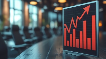Image of bar graph and arrow representing loss and coding over empty chairs and table in office Digital composite conference meeting business report inflation crisis recession furnitur : Generative AI