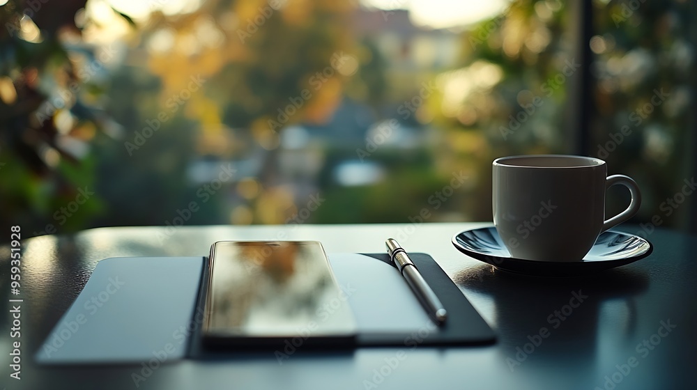 Poster A smartphone notebook pen and cup on the table : Generative AI
