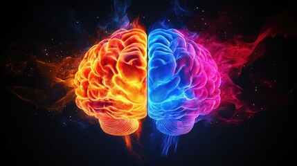 Fototapeta premium Human brain with right creative hemisphere and left logical hemisphere. AI medical, technological and scientific concept