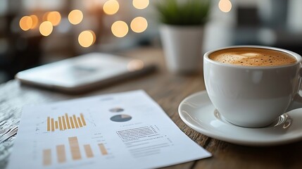 Cropped view of businessman near cup of coffee and papers with charts on blurred background banner : Generative AI