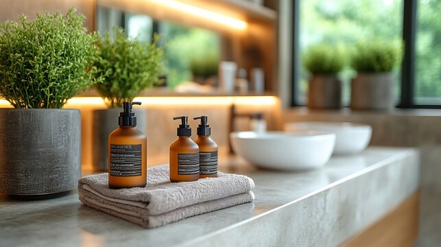 Selfcare routine men with grooming products skincare items and a relaxing atmosphere in a modern bathroom setting