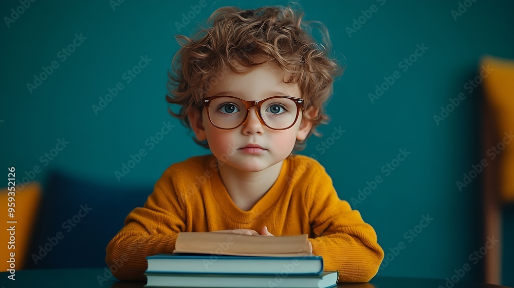 Poster cute little boy in eyeglasses with stack of book sitting at table against color wall : generative ai