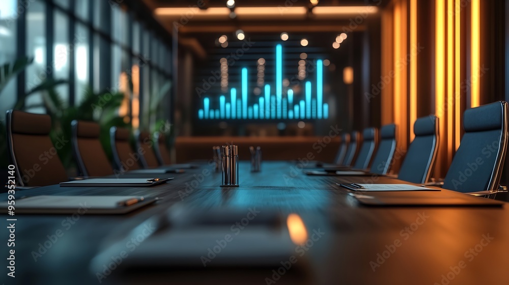 Poster Image of bar graph representing growth over empty chairs and table arranged in conference room Digital composite business report chart profit progress furniture meeting office : Generative AI