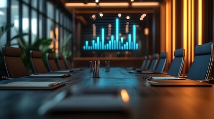 Image of bar graph representing growth over empty chairs and table arranged in conference room Digital composite business report chart profit progress furniture meeting office : Generative AI