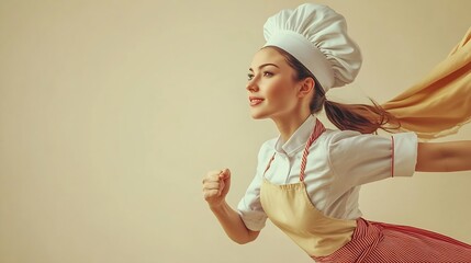 Full body side profile view young housewife housekeeper chef baker latin woman wear apron toque hat do super hero gesture pov flying isolated on plain pastel light beige background Coo : Generative AI