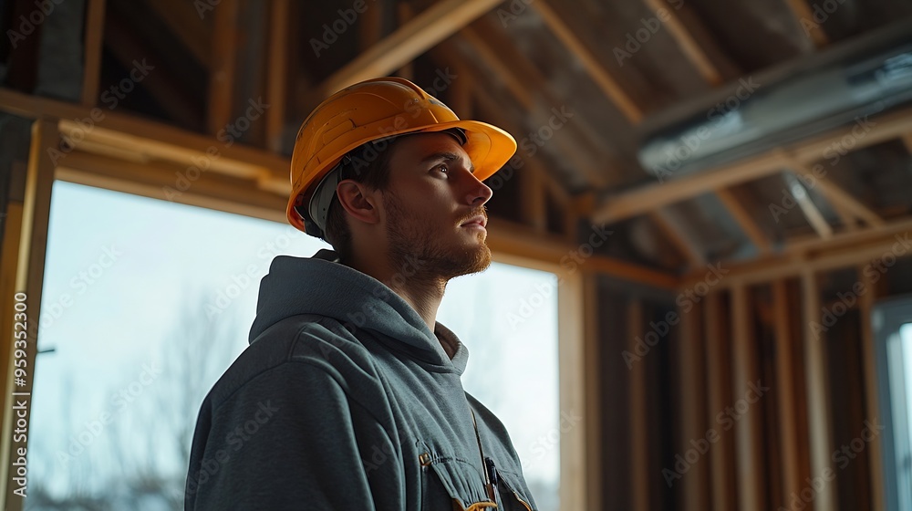 Poster man builder engineer works at construction site builder in gray uniform foreman inside unfinished ho