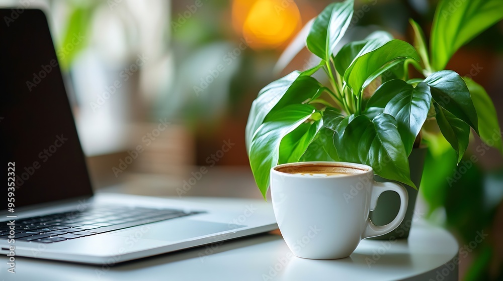 Poster comfortable workspace with computer laptop houseplant and coffee cup on white table : generative ai