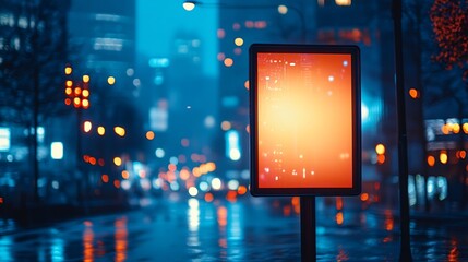 Blank city format Billboard LightPoster CityLight banner pylon in in the city center mockup at night Blurred background copy space : Generative AI