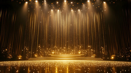 Golden stage with sparkling lights and confetti.