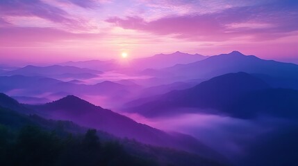 Fototapeta premium Romantic landscape sunset foggy mountain in evening twilight Beautiful landscape foggy hills twilight time Beautiful Purple sky sunrise dramatic landscape mountain Dawn sky dusk time c : Generative AI
