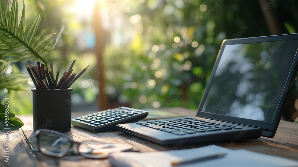 Fototapete Workspace relaxing chill out work for office and laptop computer Calculator and other stationary on wood table with green garden background  working concept : Generative AI