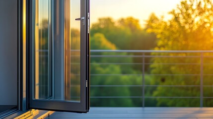 French Balcony Doors Aluminum Window Metal pvc Balcony Door Frame Open Closeup view Energy efficient Safety Security : Generative AI © Generative AI