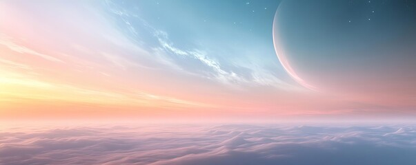 Obraz premium Artistic illustration of a distant exoplanet with gentle gradients of color and soft, wispy clouds, creating a peaceful, otherworldly effect