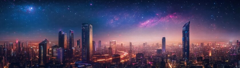 Fototapeta premium Futuristic cityscape with sleek skyscrapers and neon lights, set against a starry night sky with distant galaxies visible