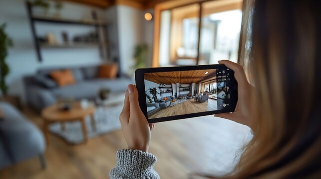 Woman takes photograph of large renovated home interior Property owner or estate agent uses wide angle camera on smart tablet to take photo or give walkthrough video tour about new apa : Generative AI