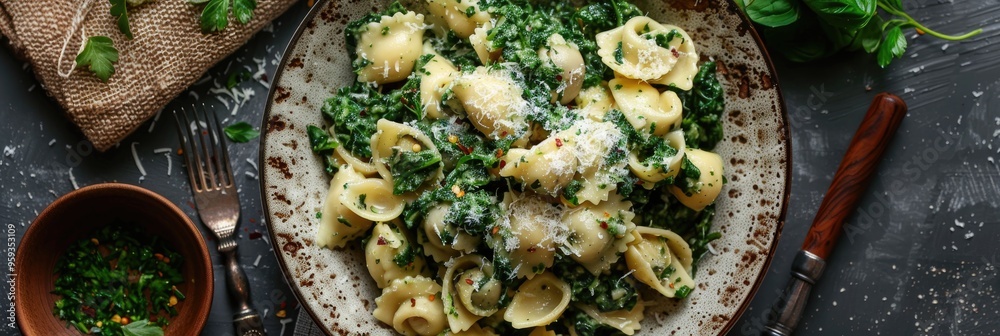 Sticker Pasta with spinach and artichokes presented on a plate