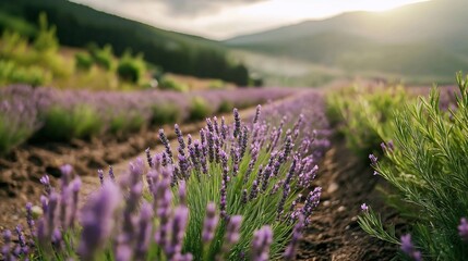 Lavender Dreams: Rows of vibrant lavender flowers bathe in the warm glow of sunset, painting a picturesque scene of tranquility and natural beauty in the countryside. 