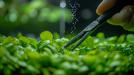 Close up of scissors and tweezers pruning aquatic plants in a fish tank Aquarium maintenance : Generative AI