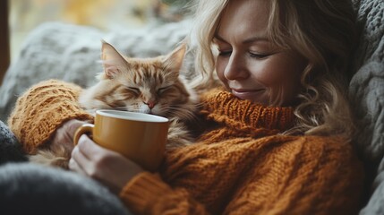 Middle aged woman relaxing with cup of hot drink stroking cat pet in scandi style hygge interior home with fall mood decor Lady dreaming enjoy calm mood without stress Cozy autumn Vert : Generative AI