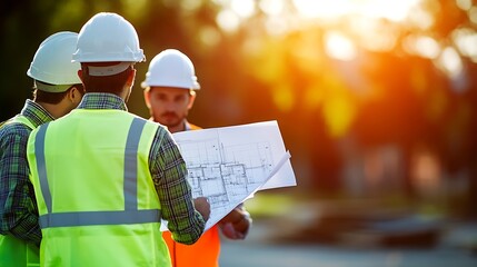Group of civil engineers or architects in hard hats and green reflective vests meeting blueprint discussion real estate Construction industry and architectural projects Closeup vertica : Generative AI
