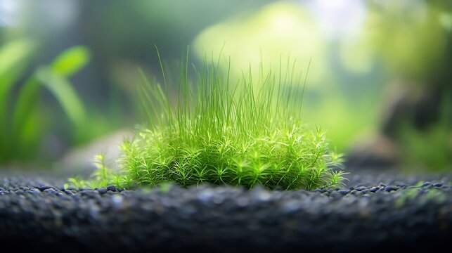 Selective focus of a dwarf spikerush Eleocharis parvula isolated on a fish tank with blurred background  also known as small spikerush and hairgrass : Generative AI