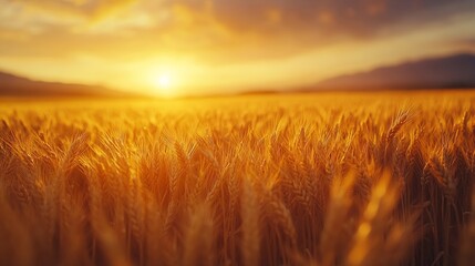 Obraz premium Beautiful landscape of golden wheat field with sunset natural background : Generative AI