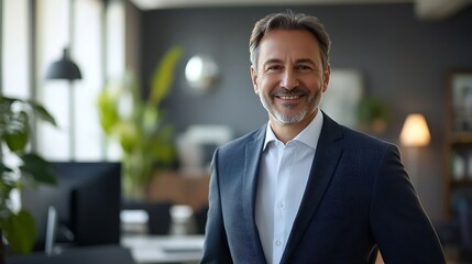 Fototapeta premium Portrait of a confident mature businessman working in a modern office Mature cheerful executive businessman at workspace office Portrait of smiling ceo at modern office workplace in su : Generative AI