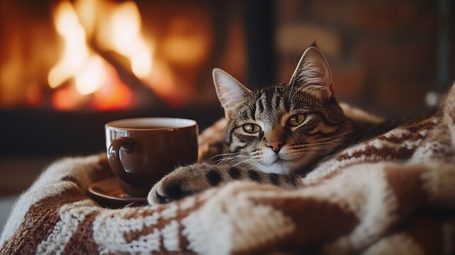 Cute cat lying on cozy blanket at fireplace close up autumn hygge Adorable tabby kitty relaxing at fireplace on background of owner in warm sweater with cup of tea in rustic farmhouse : Generative AI