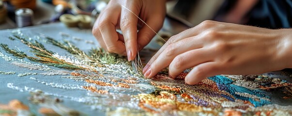 Photo of an embroidery artists hands working on a detailed design, with threads and fabric clearly visible, natural lighting