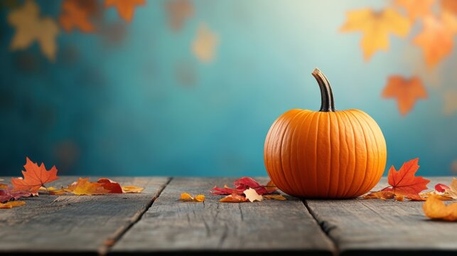 Cozy September Vibes - Rustic Pumpkin on Wooden Table with Colorful Autumn Leaves and Soft Warm Light | Fall Harvest Decoration