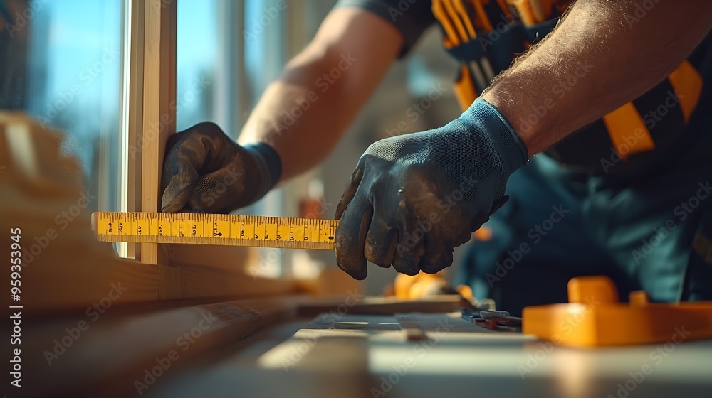 Poster Technician worker in uniform using measuring tape tool to measuring wood window in the home construction site repair and fix for problem in the house : Generative AI