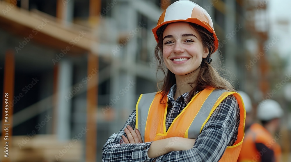 Poster portrait of happy beautiful woman engineer worker with safety vest and helmet stands with arms cross