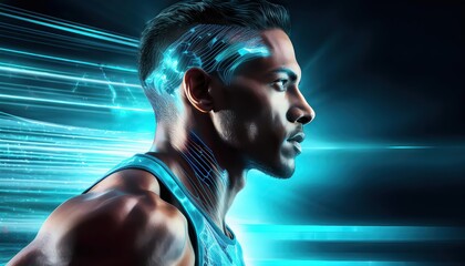 Generated image: Side view of athletic man. Translucent Cybernetics Blue background