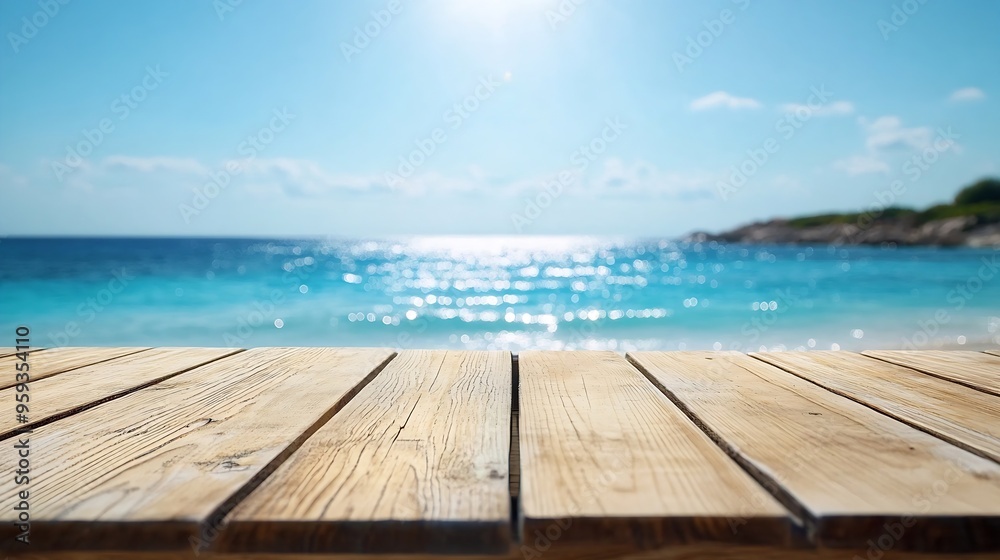 Poster empty wooden table or pier with sunny beach and sea on background with copy space for your product :