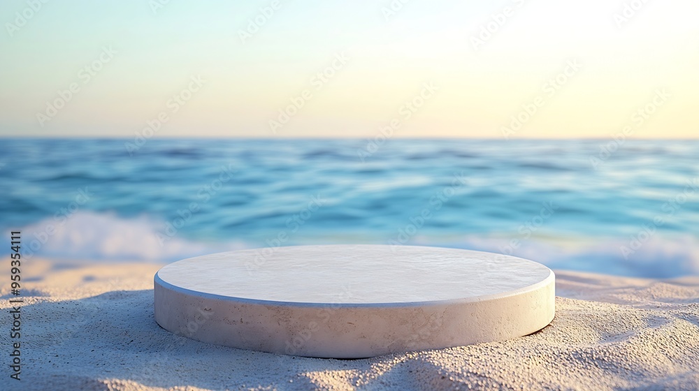 Aufkleber Product display podium on the sandy beach On a blurred sea background Abstract style : Generative AI