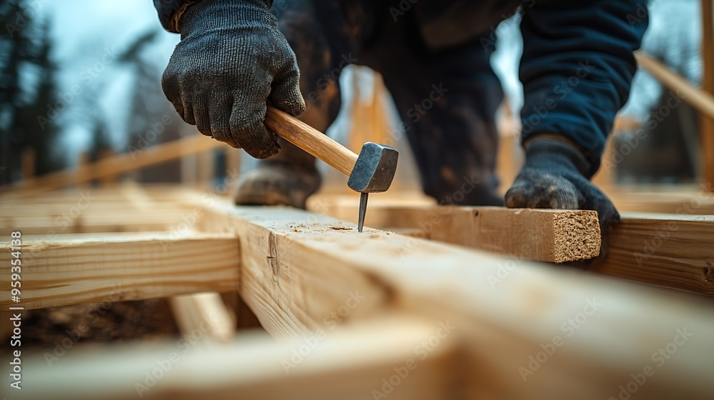 Poster man worker building wooden frame house on pile foundation carpenter hammering nail into wooden joist