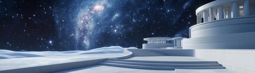 3D render of a modern space colony with clean, circular architecture and a calm, starry backdrop with distant galaxies