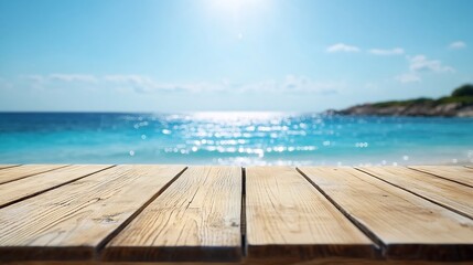 Fototapeta premium Empty wooden table or pier with sunny beach and sea on background With copy space for your product : Generative AI
