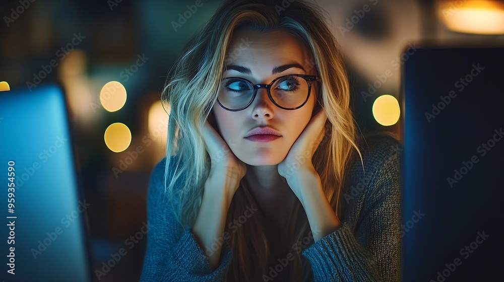 Leinwandbilder computer thinking and business woman in office working late on project at night alone desktop profes