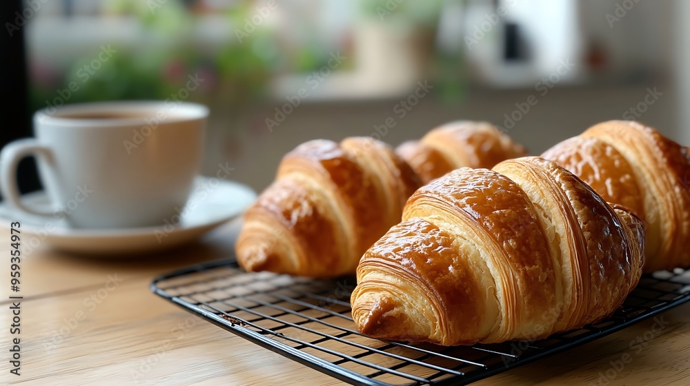 Poster breakfast view a bunch of croissant on a cooling rack and a cup of coffee cozy home cafe vibe with w