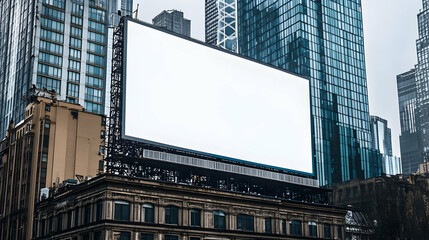 Large blank billboard sign on a building in the city.