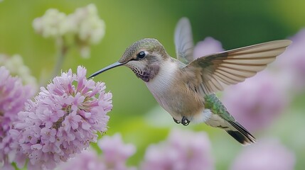 Fototapeta premium A juvenile Rubythroated humming bird feeding on a flower Ontario Canada : Generative AI