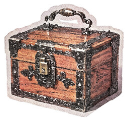 Vintage antique treasure box with lock woodwork watercolor art treasure chest metal wood a piece of history blast from the past mystery box watercolor artwork for craft and scrapbook perfect for gift