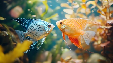 Fototapeta premium Opaline gourami and silver angelfish feeding tropical fish in a home aquarium aquariums as a hobby : Generative AI