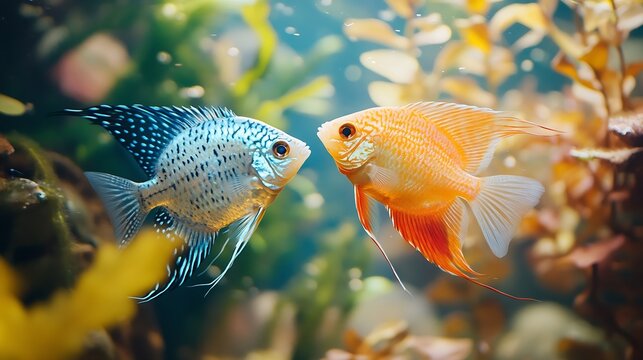 Opaline gourami and silver angelfish feeding tropical fish in a home aquarium aquariums as a hobby : Generative AI