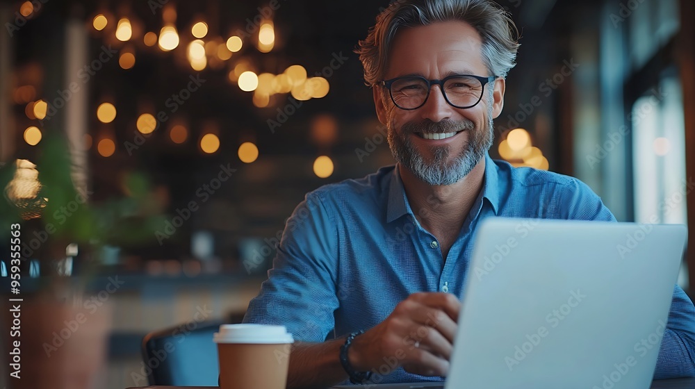Aufkleber Handsome smiling businessman drinking coffee and using laptop in office checking emails on computer sitting at desk free space : Generative AI