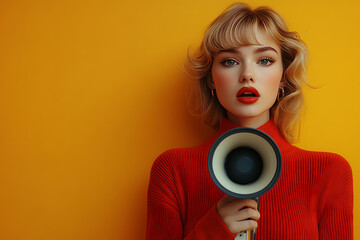 Obraz premium Stylish woman in a red outfit holding a loudspeaker against a bright yellow background, with ample space for text on the side. 